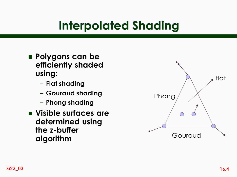 16.4 Si23_03 Interpolated Shading n Polygons can be efficiently shaded using: – Flat shading – Gouraud shading – Phong shading n Visible surfaces are determined using the z-buffer algorithm flat Gouraud Phong