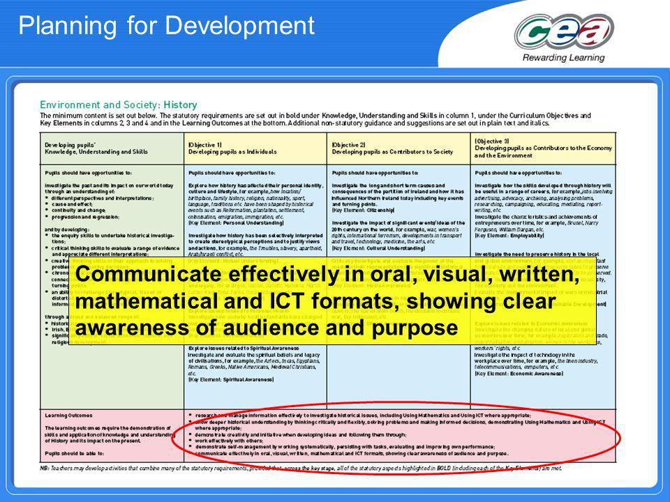 Planning for Development Communicate effectively in oral, visual, written, mathematical and ICT formats, showing clear awareness of audience and purpose