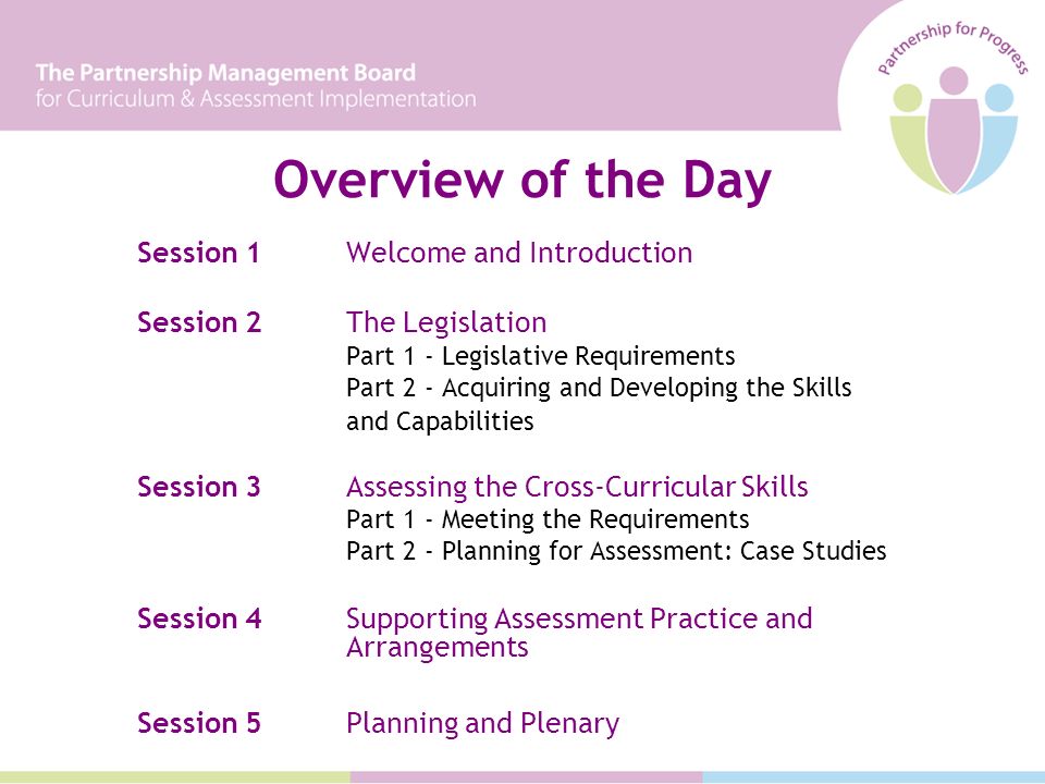 Overview of the Day Session 1Welcome and Introduction Session 2The Legislation Part 1 - Legislative Requirements Part 2 - Acquiring and Developing the Skills and Capabilities Session 3Assessing the Cross-Curricular Skills Part 1 - Meeting the Requirements Part 2 - Planning for Assessment: Case Studies Session 4Supporting Assessment Practice and Arrangements Session 5 Planning and Plenary