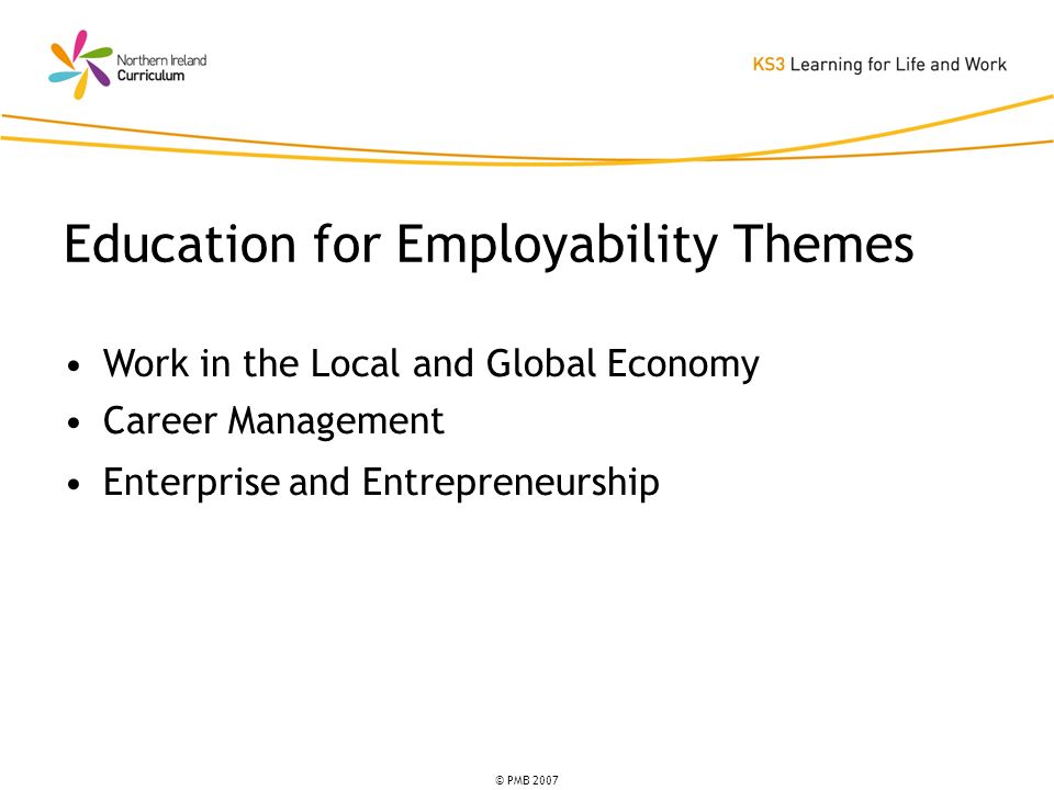 © PMB 2007 Work in the Local and Global Economy Career Management Enterprise and Entrepreneurship Education for Employability Themes