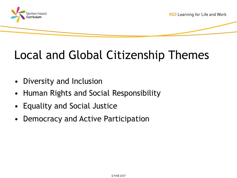 © PMB 2007 Diversity and Inclusion Human Rights and Social Responsibility Equality and Social Justice Democracy and Active Participation Local and Global Citizenship Themes