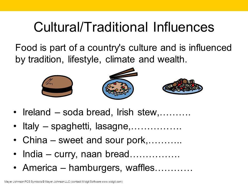Cultural/Traditional Influences Ireland – soda bread, Irish stew,……….