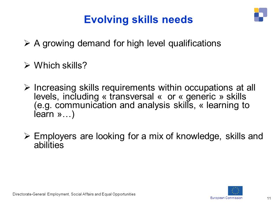 European Commission Directorate-General Employment, Social Affairs and Equal Opportunities 11 Evolving skills needs A growing demand for high level qualifications Which skills.