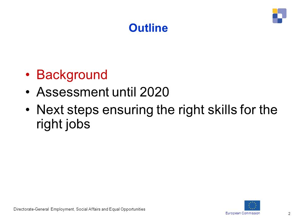 European Commission Directorate-General Employment, Social Affairs and Equal Opportunities 2 Outline Background Assessment until 2020 Next steps ensuring the right skills for the right jobs