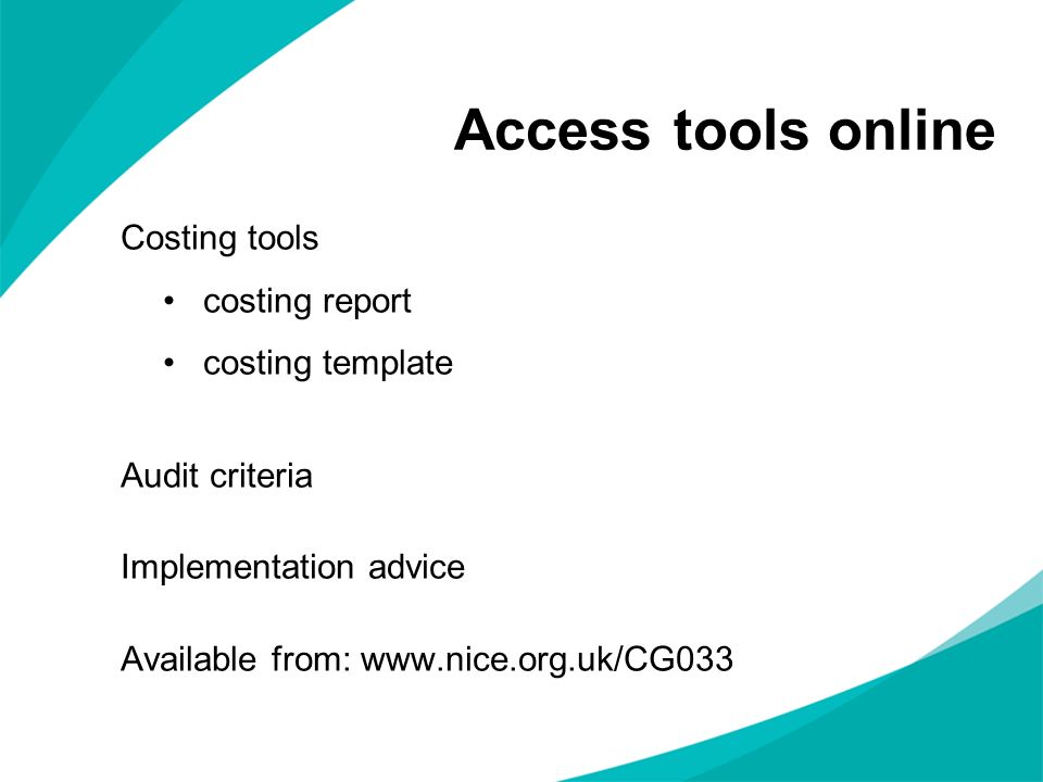 Access tools online Costing tools costing report costing template Audit criteria Implementation advice Available from: