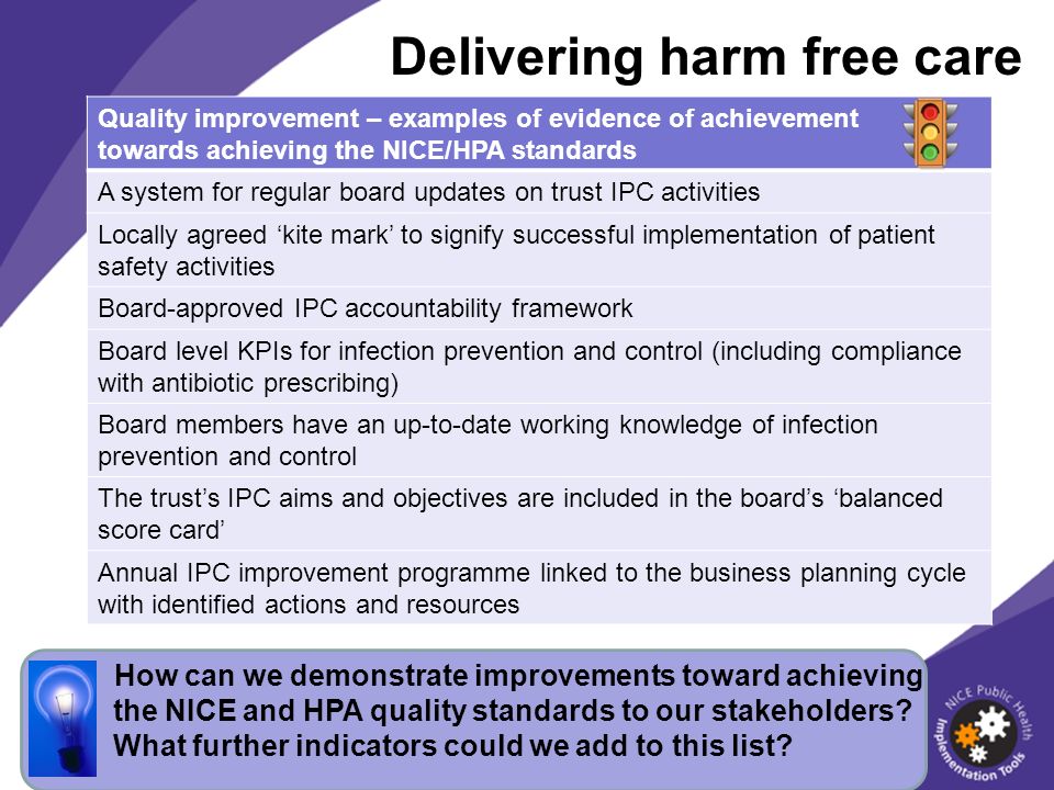 Delivering harm free care How can we demonstrate improvements toward achieving the NICE and HPA quality standards to our stakeholders.