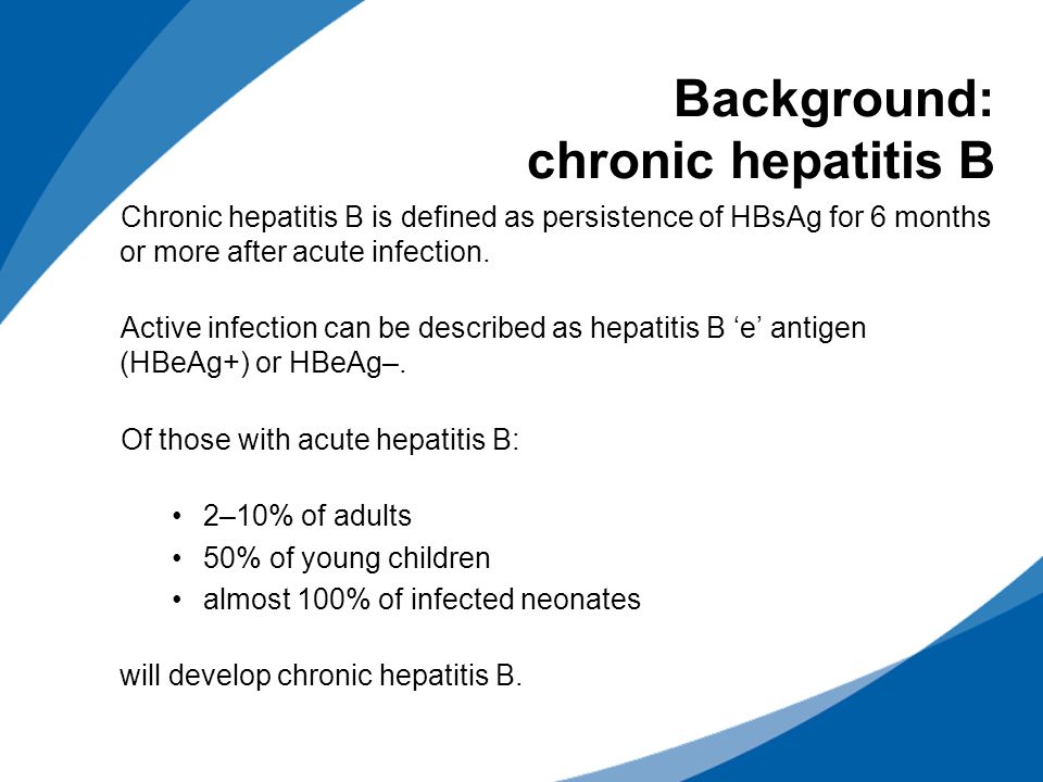 Background: chronic hepatitis B Chronic hepatitis B is defined as persistence of HBsAg for 6 months or more after acute infection.