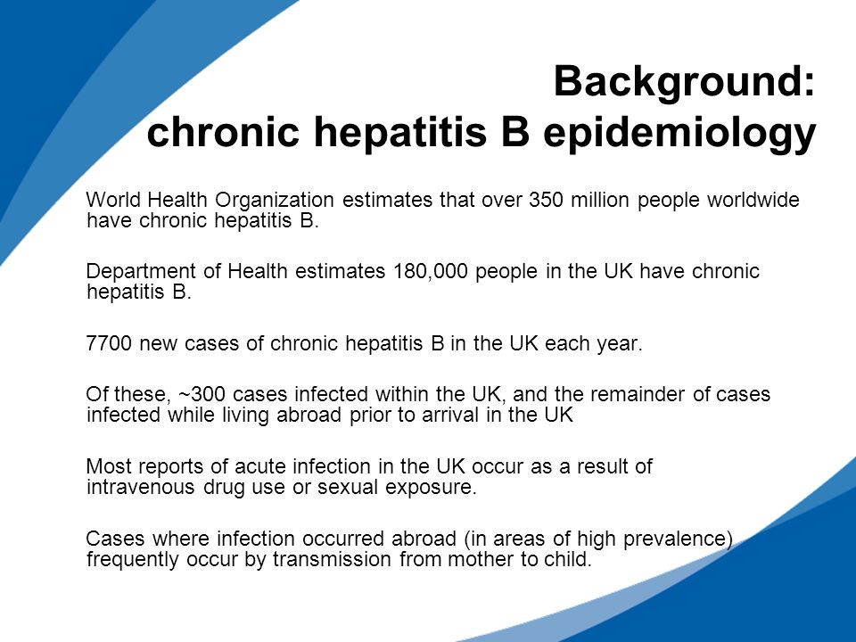 Background: chronic hepatitis B epidemiology World Health Organization estimates that over 350 million people worldwide have chronic hepatitis B.