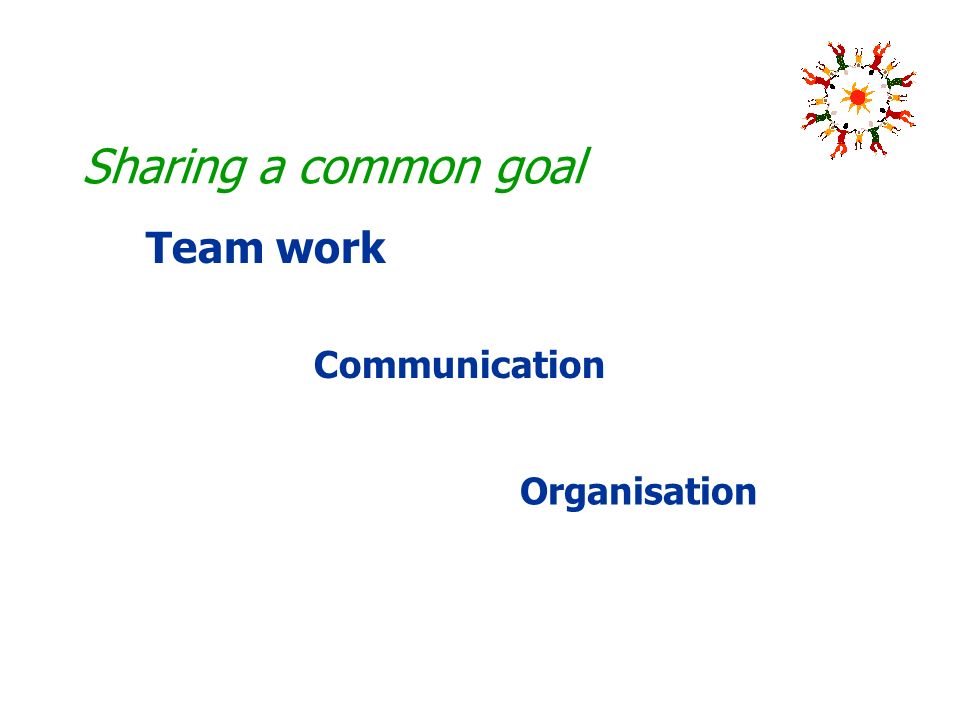 Sharing a common goal Organisation Communication Team work