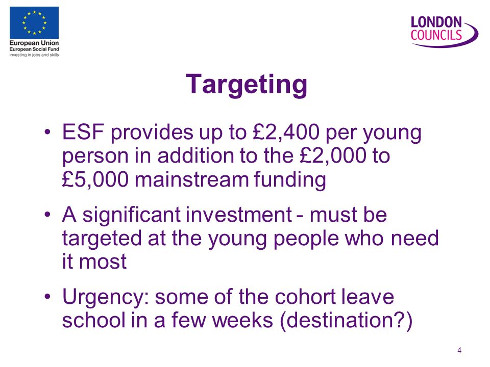 4 Targeting ESF provides up to £2,400 per young person in addition to the £2,000 to £5,000 mainstream funding A significant investment - must be targeted at the young people who need it most Urgency: some of the cohort leave school in a few weeks (destination )