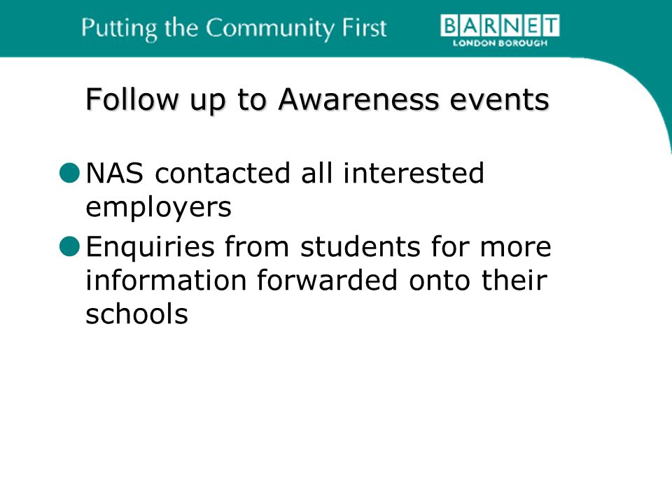 Follow up to Awareness events NAS contacted all interested employers Enquiries from students for more information forwarded onto their schools
