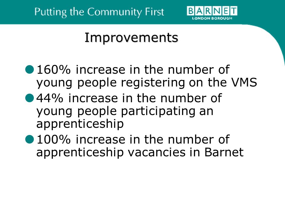 Improvements 160% increase in the number of young people registering on the VMS 44% increase in the number of young people participating an apprenticeship 100% increase in the number of apprenticeship vacancies in Barnet