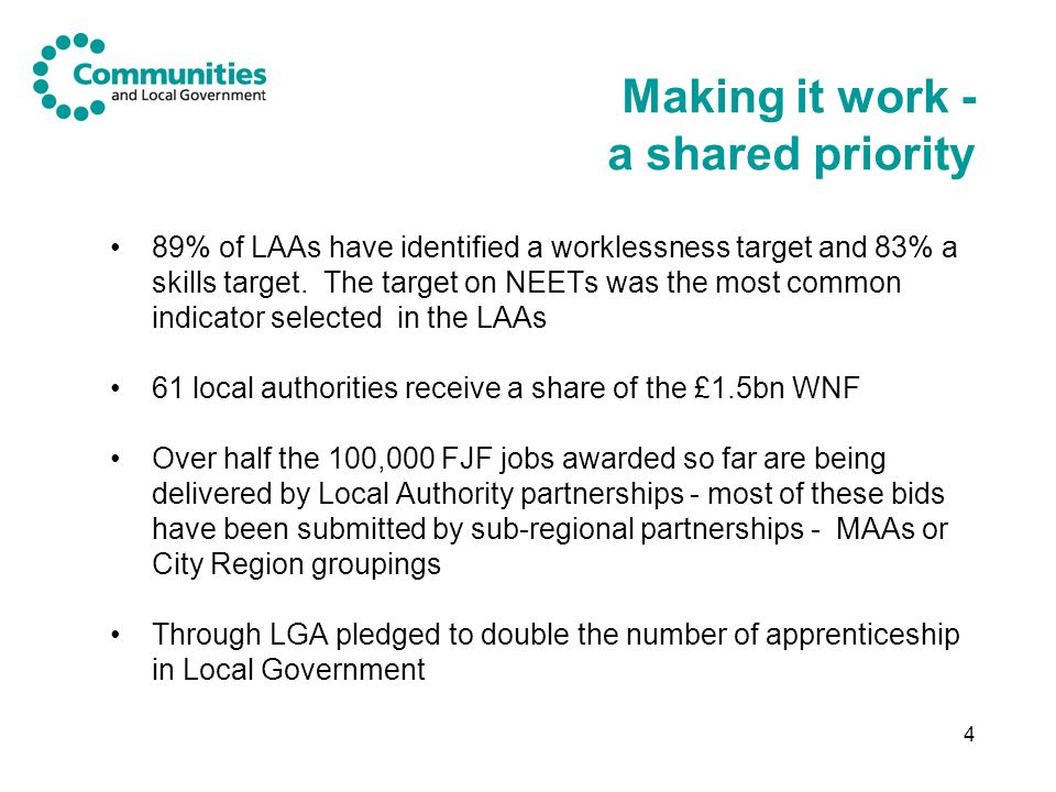 4 Making it work - a shared priority 89% of LAAs have identified a worklessness target and 83% a skills target.