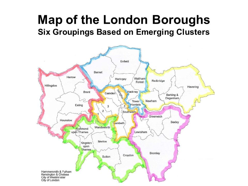 Map of the London Boroughs Six Groupings Based on Emerging Clusters