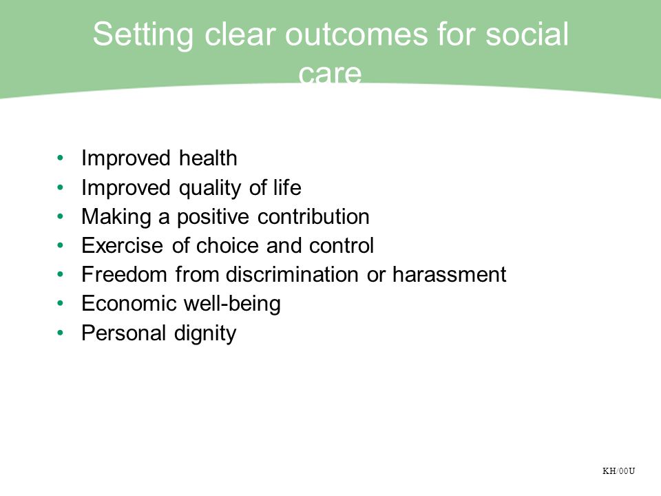 KH/00U Setting clear outcomes for social care Improved health Improved quality of life Making a positive contribution Exercise of choice and control Freedom from discrimination or harassment Economic well-being Personal dignity
