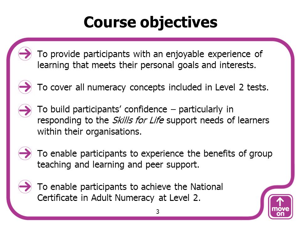 Course objectives To provide participants with an enjoyable experience of learning that meets their personal goals and interests.