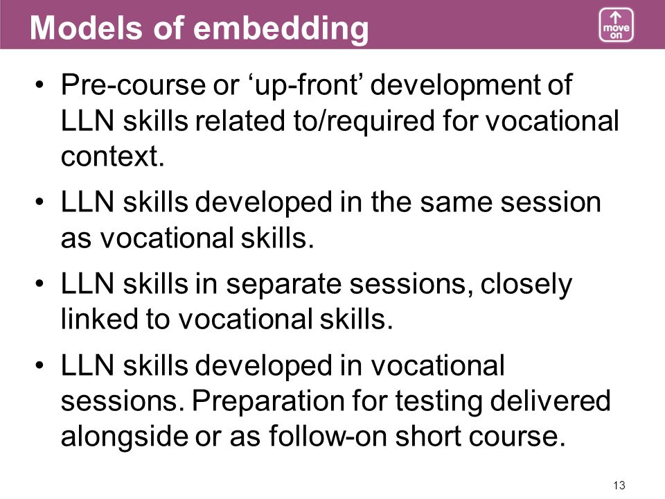 13 Models of embedding Pre-course or up-front development of LLN skills related to/required for vocational context.