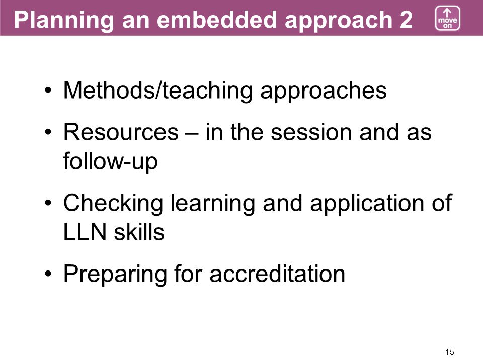 15 Planning an embedded approach 2 Methods/teaching approaches Resources – in the session and as follow-up Checking learning and application of LLN skills Preparing for accreditation