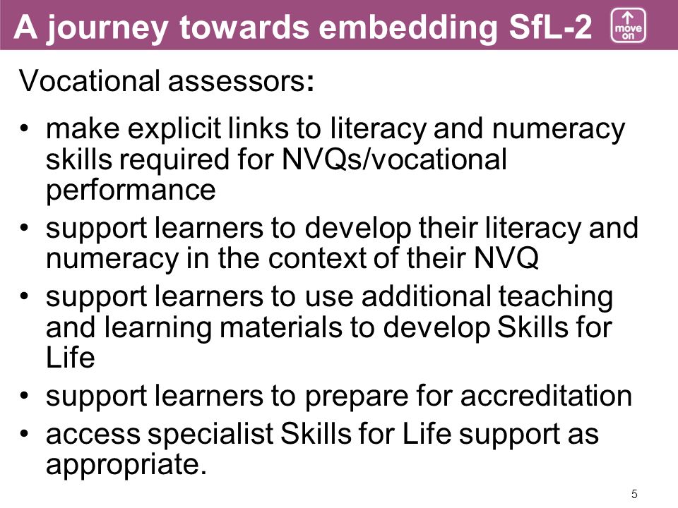 5 A journey towards embedding SfL-2 Vocational assessors: make explicit links to literacy and numeracy skills required for NVQs/vocational performance support learners to develop their literacy and numeracy in the context of their NVQ support learners to use additional teaching and learning materials to develop Skills for Life support learners to prepare for accreditation access specialist Skills for Life support as appropriate.