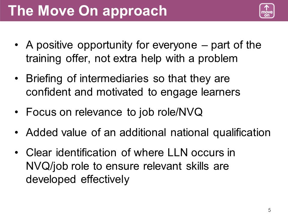 5 The Move On approach A positive opportunity for everyone – part of the training offer, not extra help with a problem Briefing of intermediaries so that they are confident and motivated to engage learners Focus on relevance to job role/NVQ Added value of an additional national qualification Clear identification of where LLN occurs in NVQ/job role to ensure relevant skills are developed effectively