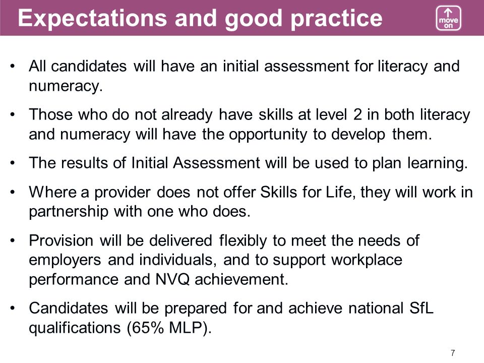 7 Expectations and good practice All candidates will have an initial assessment for literacy and numeracy.