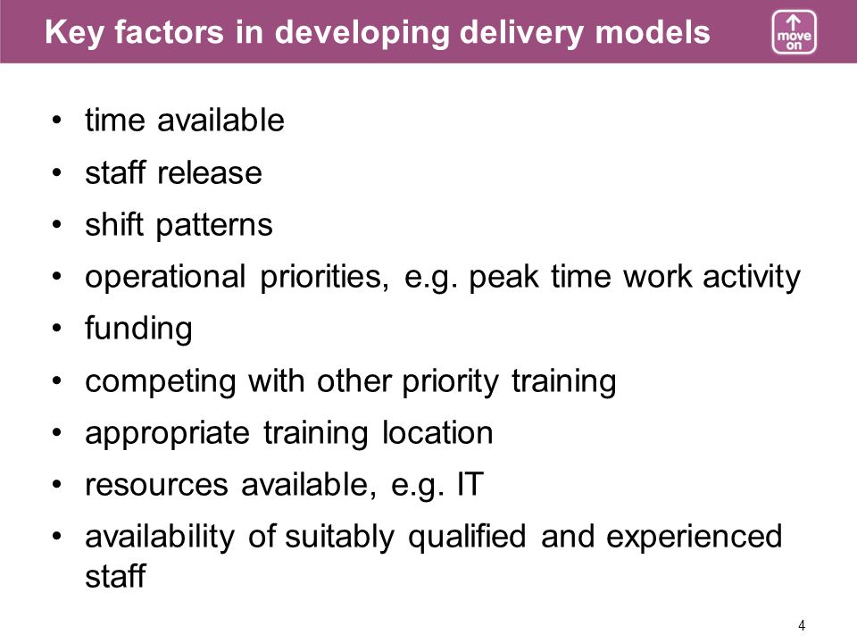 4 Key factors in developing delivery models time available staff release shift patterns operational priorities, e.g.