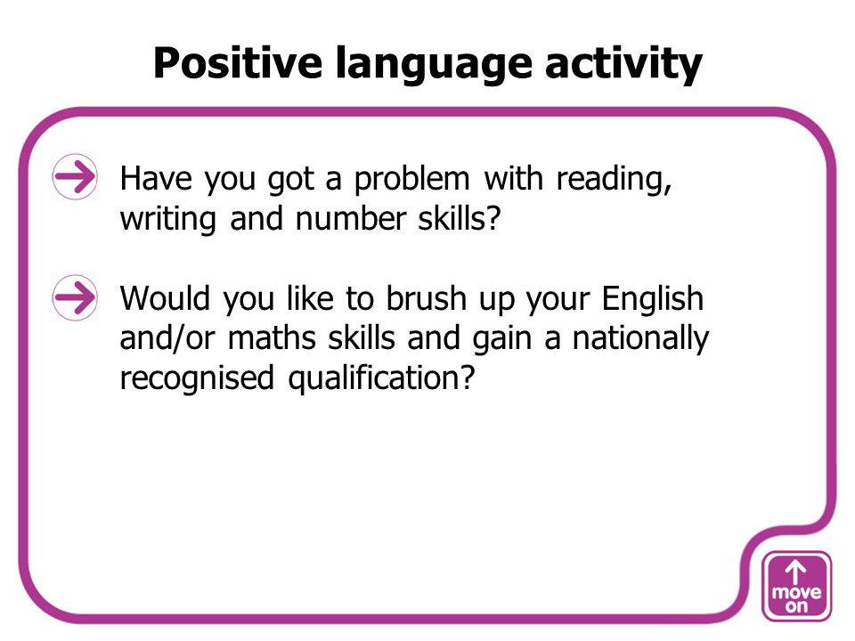 Positive language activity Have you got a problem with reading, writing and number skills.