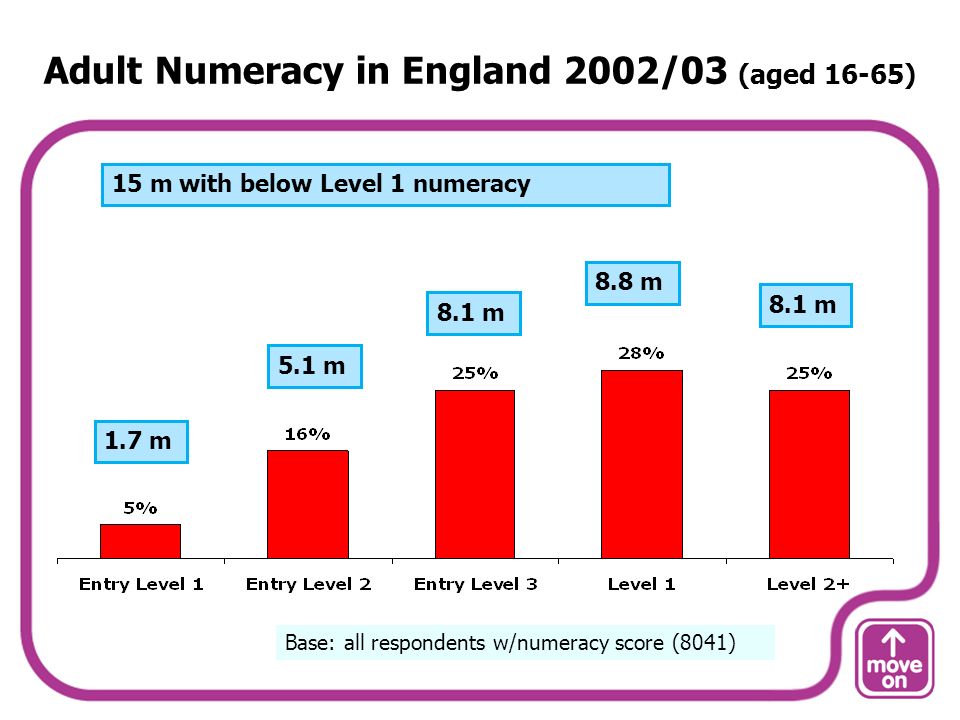 Adult Numeracy in England 2002/03 (aged 16-65) Base: all respondents w/numeracy score (8041) 1.7 m 5.1 m 8.1 m 8.8 m 8.1 m 15 m with below Level 1 numeracy