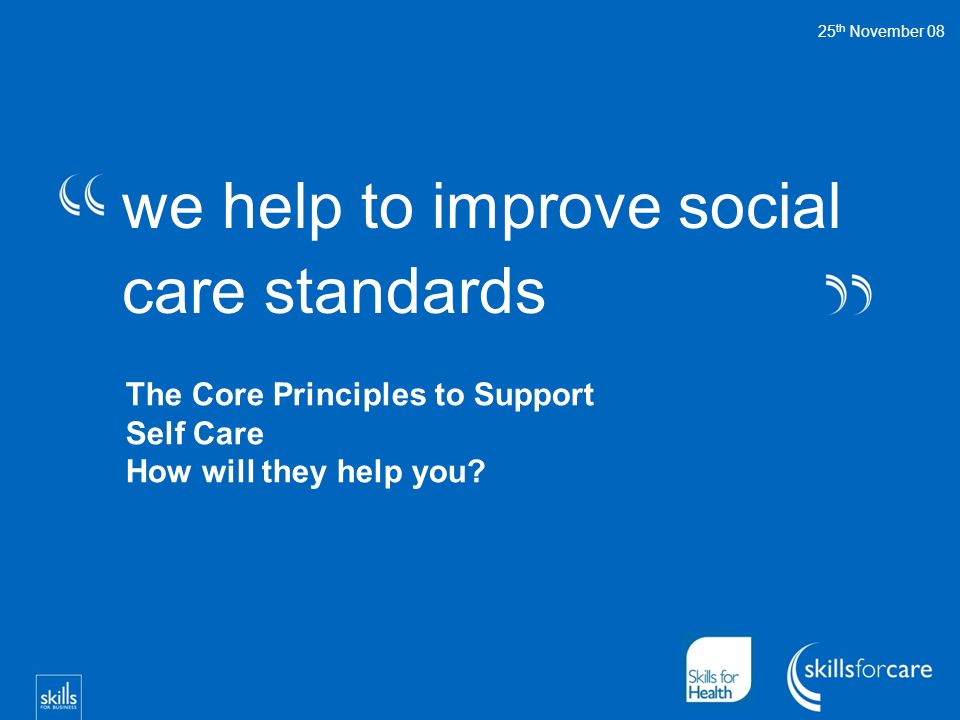 we help to improve social care standards 25 th November 08 The Core Principles to Support Self Care How will they help you