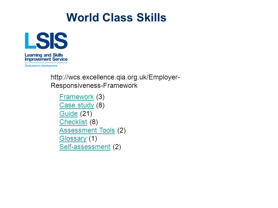 World Class Skills   Responsiveness-Framework FrameworkFramework (3) Case studyCase study (8) GuideGuide (21) ChecklistChecklist (8) Assessment ToolsAssessment Tools (2) GlossaryGlossary (1) Self-assessmentSelf-assessment (2)
