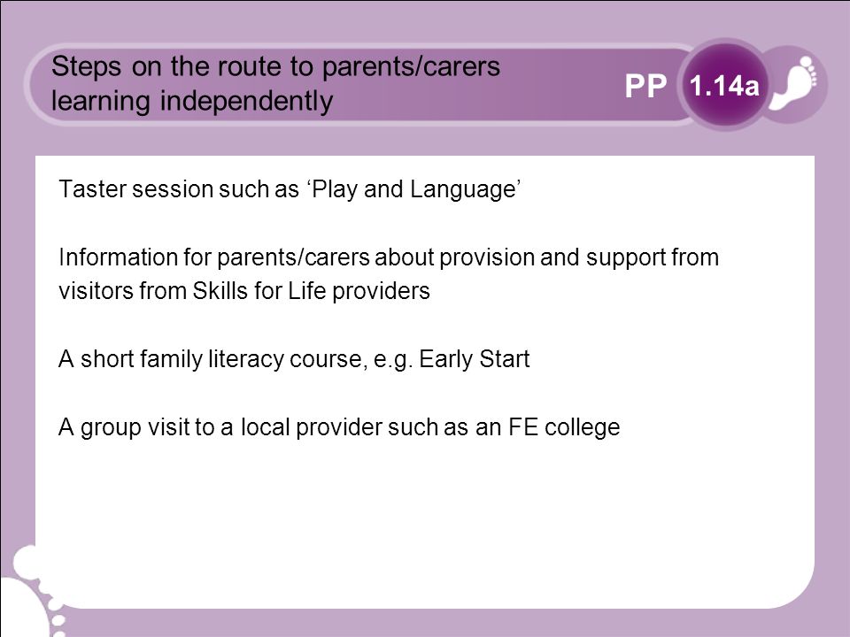 PP Steps on the route to parents/carers learning independently Taster session such as Play and Language Information for parents/carers about provision and support from visitors from Skills for Life providers A short family literacy course, e.g.