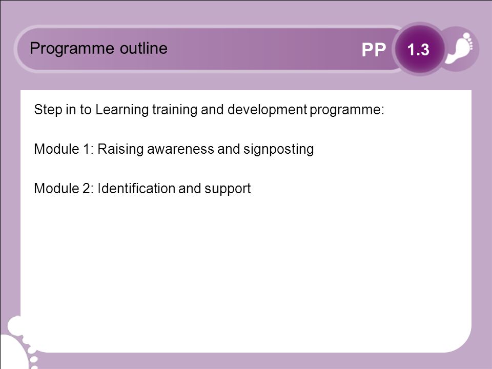 PP Programme outline Step in to Learning training and development programme: Module 1: Raising awareness and signposting Module 2: Identification and support 1.3
