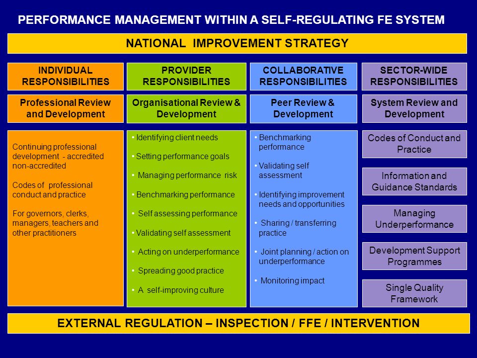 NATIONAL IMPROVEMENT STRATEGY EXTERNAL REGULATION – INSPECTION / FFE / INTERVENTION PROVIDER RESPONSIBILITIES COLLABORATIVE RESPONSIBILITIES SECTOR-WIDE RESPONSIBILITIES Organisational Review & Development Peer Review & Development System Review and Development Codes of Conduct and Practice Managing Underperformance Benchmarking performance Validating self assessment Identifying improvement needs and opportunities Sharing / transferring practice Joint planning / action on underperformance Monitoring impact Identifying client needs Setting performance goals Managing performance risk Benchmarking performance Self assessing performance Validating self assessment Acting on underperformance Spreading good practice A self-improving culture Development Support Programmes Continuing professional development - accredited non-accredited Codes of professional conduct and practice For governors, clerks, managers, teachers and other practitioners INDIVIDUAL RESPONSIBILITIES Professional Review and Development Single Quality Framework PERFORMANCE MANAGEMENT WITHIN A SELF-REGULATING FE SYSTEM Information and Guidance Standards