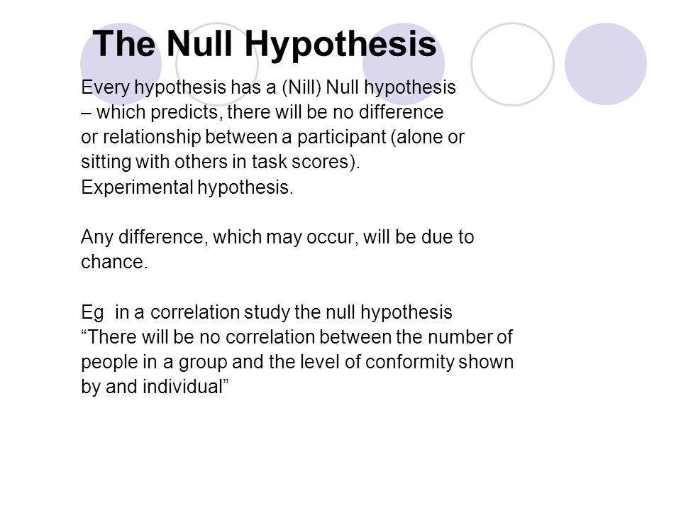 The Null Hypothesis Every hypothesis has a (Nill) Null hypothesis – which predicts, there will be no difference or relationship between a participant (alone or sitting with others in task scores).