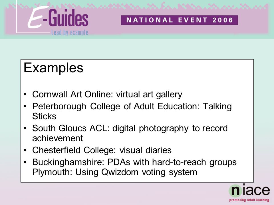Examples Cornwall Art Online: virtual art gallery Peterborough College of Adult Education: Talking Sticks South Gloucs ACL: digital photography to record achievement Chesterfield College: visual diaries Buckinghamshire: PDAs with hard-to-reach groups Plymouth: Using Qwizdom voting system
