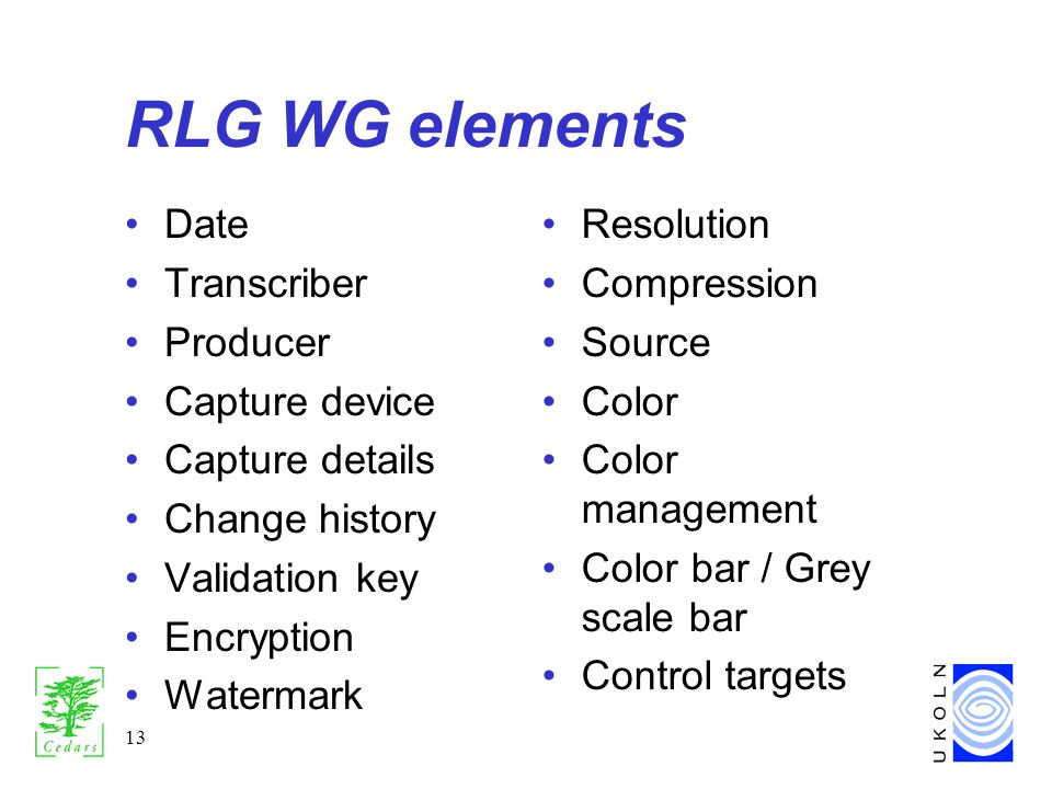13 RLG WG elements Date Transcriber Producer Capture device Capture details Change history Validation key Encryption Watermark Resolution Compression Source Color Color management Color bar / Grey scale bar Control targets
