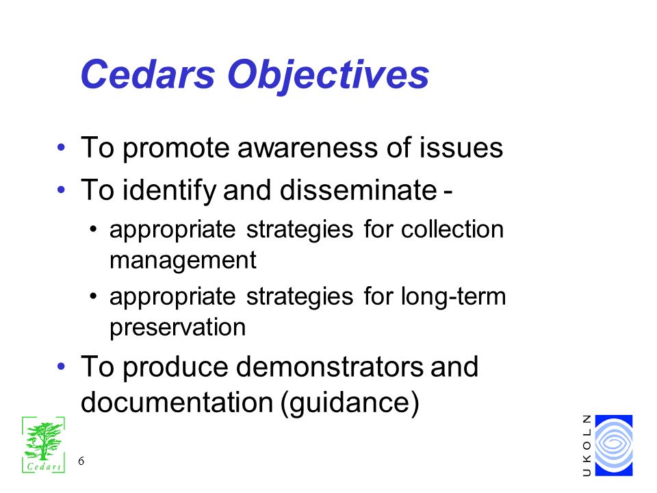 6 Cedars Objectives To promote awareness of issues To identify and disseminate - appropriate strategies for collection management appropriate strategies for long-term preservation To produce demonstrators and documentation (guidance)