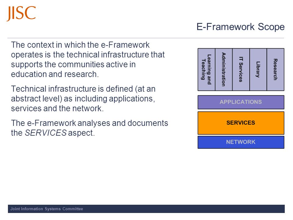 Joint Information Systems Committee E-Framework Scope The context in which the e-Framework operates is the technical infrastructure that supports the communities active in education and research.