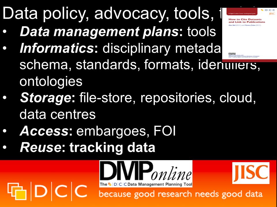 Data policy, advocacy, tools, training Data management plans: tools Informatics: disciplinary metadata schema, standards, formats, identifiers, ontologies Storage: file-store, repositories, cloud, data centres Access: embargoes, FOI Reuse: tracking data