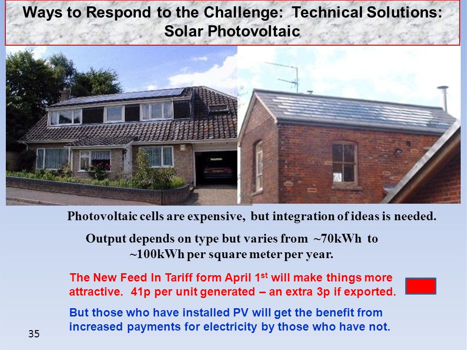 35 Ways to Respond to the Challenge: Technical Solutions: Solar Photovoltaic Photovoltaic cells are expensive, but integration of ideas is needed.