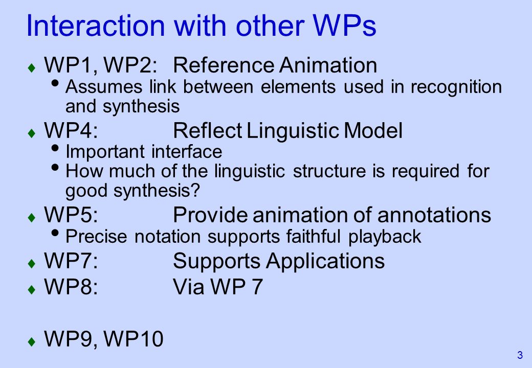 1 WP3: Synthesis and Animation John Glauert Background Interaction with  other WPs Organisation of Work Resources Available Resources Needed  Coordination. - ppt download
