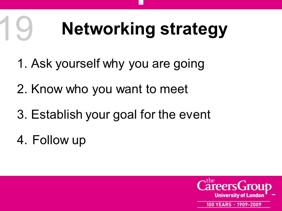 19 Networking strategy 1.Ask yourself why you are going 2.Know who you want to meet 3.Establish your goal for the event 4.