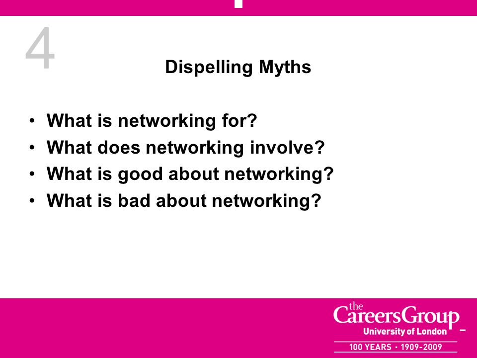 4 Dispelling Myths What is networking for. What does networking involve.