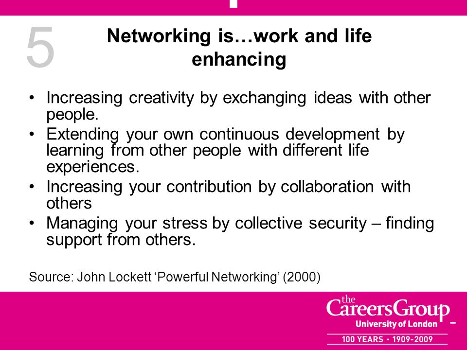 5 Networking is…work and life enhancing Increasing creativity by exchanging ideas with other people.