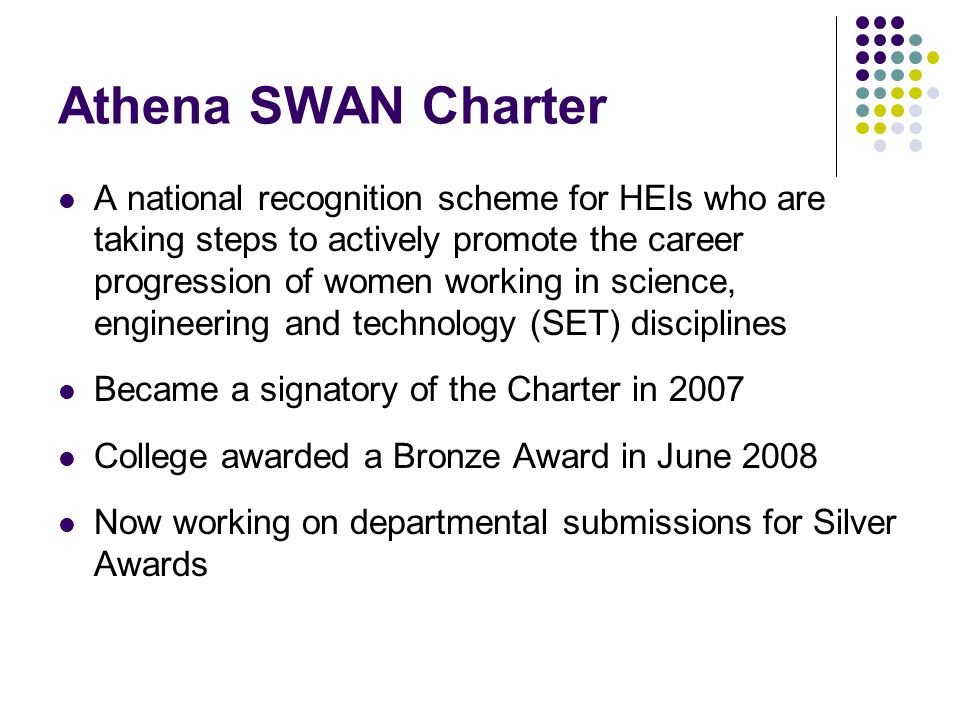 Athena SWAN Charter A national recognition scheme for HEIs who are taking steps to actively promote the career progression of women working in science, engineering and technology (SET) disciplines Became a signatory of the Charter in 2007 College awarded a Bronze Award in June 2008 Now working on departmental submissions for Silver Awards
