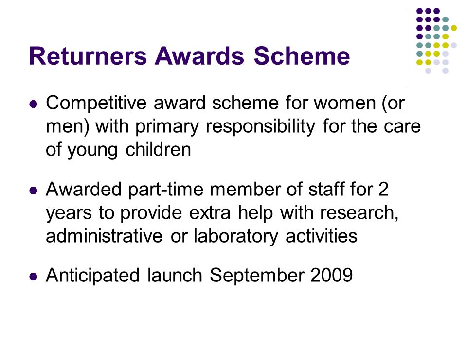 Returners Awards Scheme Competitive award scheme for women (or men) with primary responsibility for the care of young children Awarded part-time member of staff for 2 years to provide extra help with research, administrative or laboratory activities Anticipated launch September 2009