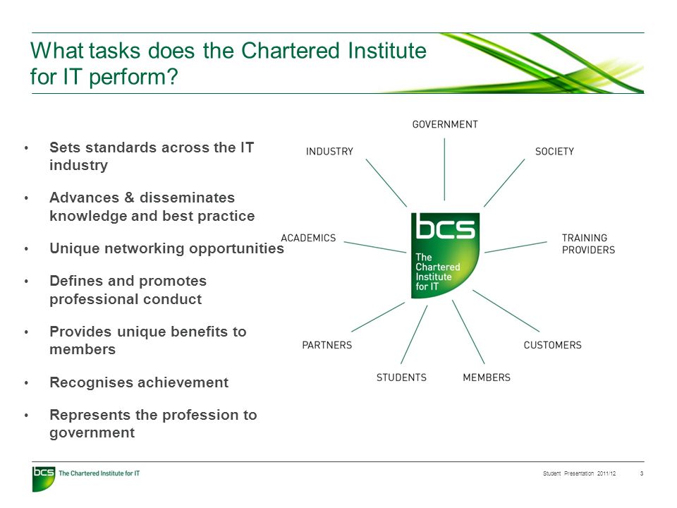 Student Presentation 2011/12 3 What tasks does the Chartered Institute for IT perform.
