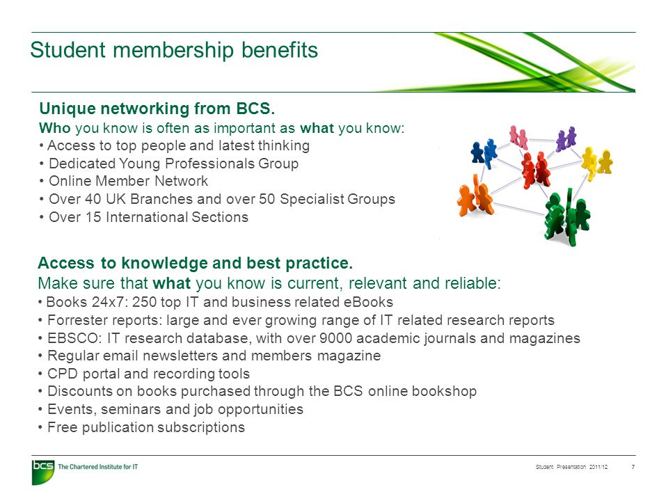 Student Presentation 2011/12 7 Student membership benefits Access to knowledge and best practice.
