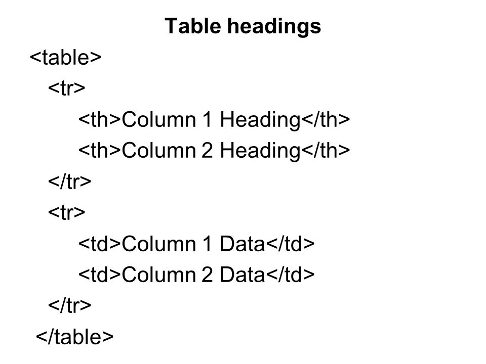 Table headings Column 1 Heading Column 2 Heading Column 1 Data Column 2 Data