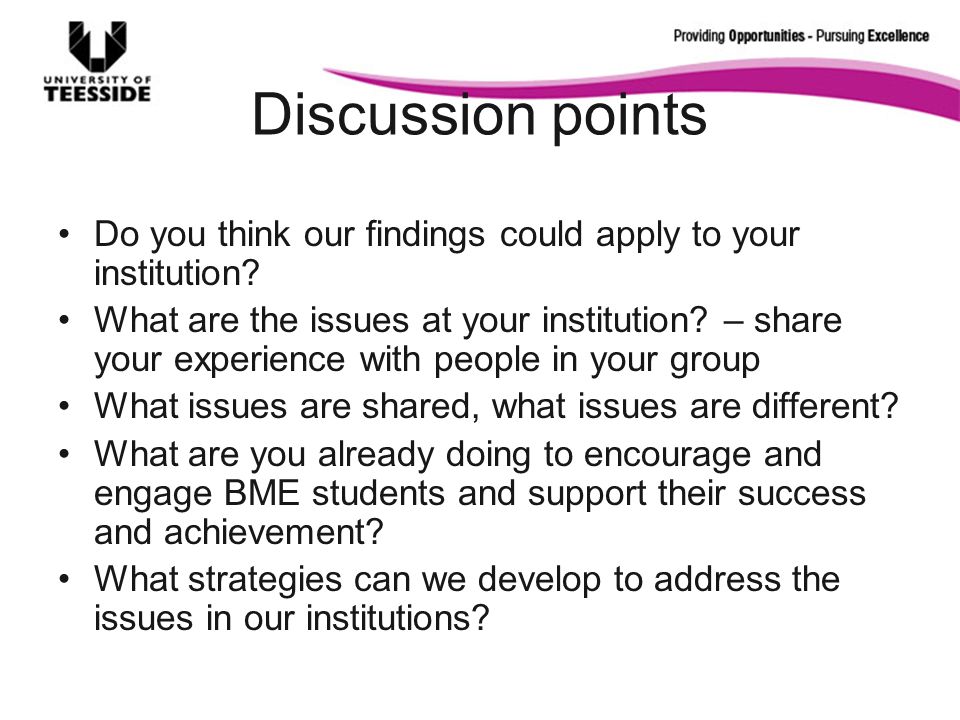 Discussion points Do you think our findings could apply to your institution.